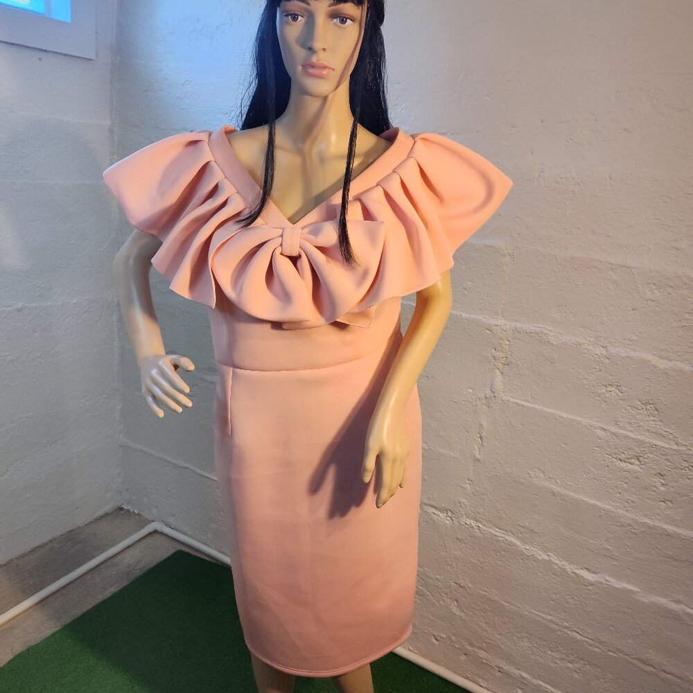 Aomei Peach Bodycon Ruffle Top Bow Zipper Back Scuba Fabric Midi Dress Size 1X